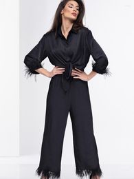 Women's Sleepwear Linad Feathers Pyjamas For Women 2 Piece Sets Black Three Quarter Sleeve Female Casual Trouser Suits Autumn Fashion