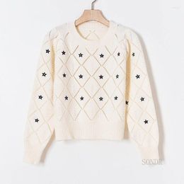 Women's Sweaters Argyle Hollow Out Stars Jacquard Knit White Sweater Women Round Neck Puff Sleeve Black 2023 O Pullover Jersey Mujer