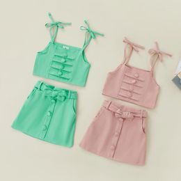 Clothing Sets Baby Girls 2PCS Outfits Solid Color Buttons Bow Tie Sling Straps Crop Tops Mini Skirt With Waist Belt Summer Sweet Set