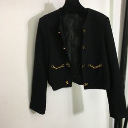 New Women Black Woollen Jackets Crew Neck Single Breasted Wool blends Coats with Gold Buttons Fashion Slim Outerwear Runway Jacket