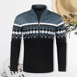 Men's Sweaters Zippered Men Cardigan Polyester Sweater Stylish Retro Print Slim Fit Stand Collar For Fall Winter