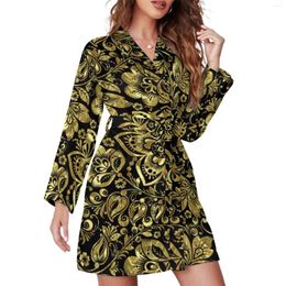 Women's Sleepwear Shiny Gold Baroque Pyjama Robe Female Black Floral Damasks Room Bathrobe Long-Sleeve V Neck Print Pyjamas Robes Day Cute