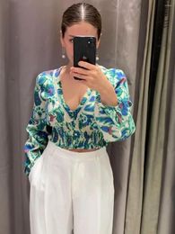 Women's Sweaters Summer Green Printed V-neck Long Sleeve Elastic Draw Pleated Short Top Fashion Senior