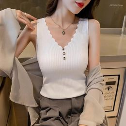 Women's Tanks Ice Silk Small Sleeveless Vest For Women Wearing Outside Summer Loose Korean Short Button V-neck Knitted Bottoming Shirt Top