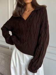 Women's Sweaters Fashion Vintage Brown Knit Loose Women Sweater Casual V-neck Full Sleeve Oversized Pullovers Winter Thick Soft White