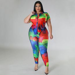 Women's Plus Size Tracksuits Printed Two Piece Set Short Sleeve Lace Up Crop Top Pants 2 Casual Streetwear Suit Summer Women Clothes 2023 230905