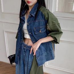 Women's Jackets 230837 Fashion Denim Lapel Single Breasted Half Sleeve Contrast Color Size Zipper Coat Autumn 2023