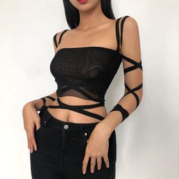 Women's Tanks 2023 Y2k Black Mesh Lace Tie Crop Top Spring And Summer Style Solid Colour Navel Fashion Sling Sexy Small Vest