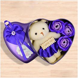 Decorative Flowers Wreaths Bear Soap Rose Valentines Day Gifts For Wife Girlfriend Wedding Festival Bath Petal Bouquet Heart-Shape Dhczl