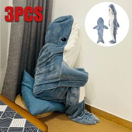 Blankets Swaddling 3PCS Cartoon Shark Sleeping Bag Pajamas Office Nap Wearable Loose Onesie Pajamas Kids Blanket Adult Blanket 230905