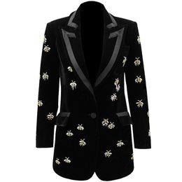 Womens Jackets Spring Autumn Velvet Female Jacket Fashion Black Blazer Bees Embroidery Long Suit Coat For Women Luxury Brands Dinner Party Wear 230906