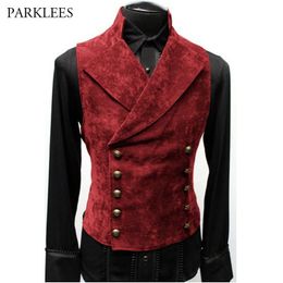 Men's Vests Vintage Red Suede Suit Vest Men Brand Double Breasted Suit Vests Waistcoat Casual Slim Sleeveless Steampunk Gilet Homme 3XL 230905