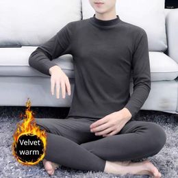 Men's Thermal Underwear Winter Men Long Sleeves Johns Sets Mock Neck Solid Warm Fleece Top Pants 2 Pieces Set Thick Velvet