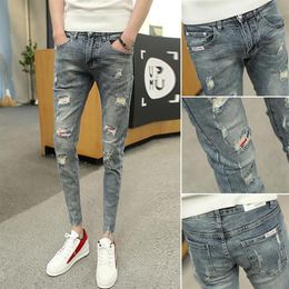 Trendy 2022 Men's Jeans Summer Ankle Length Pants Ripped Hole Slim Skinny Feet Social Guy Teenagers Men274t