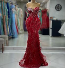 2023 ASO EBI ARABIC RED MERMAID PROM DIST CRYSTALS SELEDENT Second Assistrice Second Disparty Virtbraging Dresses Robe de Soiree ZJ366