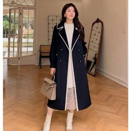 Womens Wool Blends Autumn And Winter Small Fragrant Style Black Long Kneelength Temperament Thickening Loose Thin Woollen Coat Women 230905