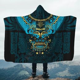 Blankets Aztec Quetzalcoatl Skull 3d All Over printed Hooded Blanket Adult child Sherpa Fleece Wearable Microfiber Bedding 230906