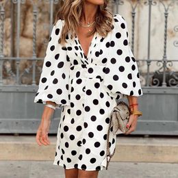 Casual Dresses 2023 Autumn Dress Women's Fashion Dotted Prints High Waist Lantern Sleeve V-neck Knee-Length