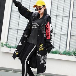 Women's Trench Coats TPJB Graffiti Coat Girl Military Outwear Woman Cartoon Print Female Winderbreaker Black Overcoat For Women Clothing