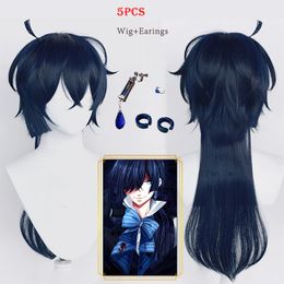 Cosplay Wigs Anime The Case Study of Vanitas Cosplay Wig Vanitas No Karte Dark Blue Hair Earring Ear Clips Heat Resistant Fiber Hair Wig Cap 230906