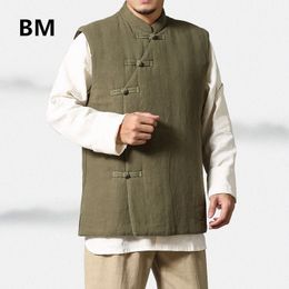 Men's Vests Chinese style vintage pure linen Men Vest Waistcoat Autumn Winter Cotton Padded Harajuku Jacket Clothing 230905