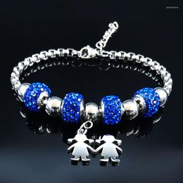 Link Bracelets Fashion Family Two Gril Blue Crystal Stainless Steel Women Silver Color Friendship Jewelry Joyas B18540S07