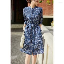 Casual Dresses For Women Printed Belt Mulberry Silk Loose Shirtdress Women's Dress Vintage Printing Simple Style Summer Vestidos