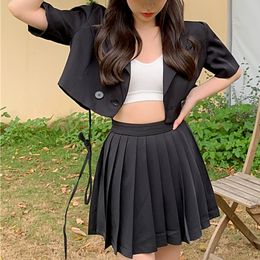 Urban Sexy Dresses Fashion Short sleeved Suit Jacket Women s Short Small 2023 Summer Loose Tie High Waist Top Skirt Office Clothes Women 230906