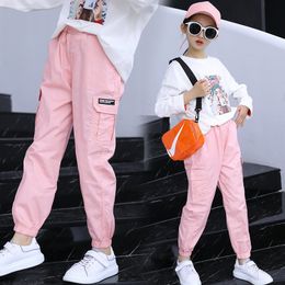 Trousers Fashion Girls Kids Sports Cargo Pants High Waist Pink Sweat Spring Fall Casual Outerwear For Children 230906