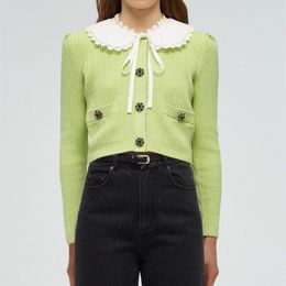 Womens Knits Tees Women Bow Tie Cardigan Sweater Sweet Peter pan Collar Beadings Buttons Slim Female Knit coat 230906