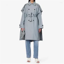 Women's Trench Coats Windbreaker 2023 Autumn In Korean Fashion Cape Style Shawl Double Breasted Waistband Mid Length Coat Y2k Tops