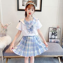 Clothing Sets 2023 Teens Summer Fashion Child Primary School Girl JK Uniform Bow Sailor Collar Blouse Shirt Plaid Pleated Skirt 2pc/Set