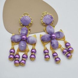 Dangle Earrings Women's Exaggerated Purple Resin Flower Earring Classic Shell Korean Fashion Tassels Jewellery Vintage Charm Jewellery