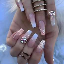 False Nails Trendy Gradient Pink Set French Ballerina Manicure Fashion Glitter Fringe Fake Nail Tips With Rhinestone Embellished