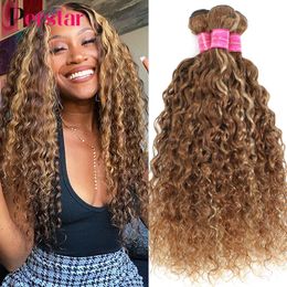 Lace Wigs Perstar bundel gelombang air Highlight jalinan rambut manusia Ombre coklat pirang keriting 8 30 inci 230905