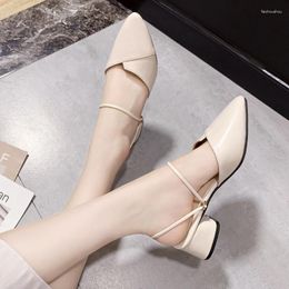 Dress Shoes 2023 Party Women Mules Slipper Pointed Toe Block Strap Closed Shallow High Heels Sandals Black Beige Square Heel Pumps