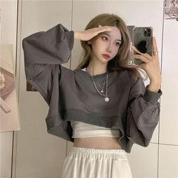 Women's Hoodies Sweatshirts Women Solid Cropped Sexy Loose All-match Navel Early Autumn Casual Harajuku Simple Pullover Clothes Mujer