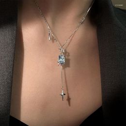 Chains S925 Sterling Silver Starry Blue Zircon Tassel Light Luxury Cold Wind Y-shaped Necklace For Women Clavicle Chain Jewellery