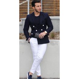 2017 Navy Blue Double-breasted Men Suit Casual Blazer suit man Tuxedo Custom Jacket Style men 2pcs jacket white pants333q