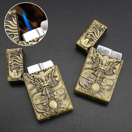 New Carving Dragon Lighter Metal Straight Inflatable Cigarette Smoking Set Gift V2LQ