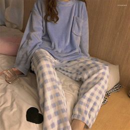 Women's Sleepwear Plaid Women Pajamas Set Winter Fleece Velvet 2 Piece Pant Home Suit Sleep Fluffy Korean Pocket Piiama Warm Night Wear