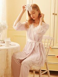 Women's Sleepwear 2023 Fall Princess Pyjamas Long Pants Slip Three Pieces Set Pink And Purple Modal Pijamas