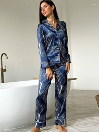 Women's Sleepwear Linad Print Pyjamas For Women 2 Piece Sets Casual Long Sleeve Female Trouser Suits 2023 Summer Fashion Nightwear