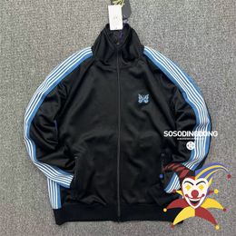 Mens Jackets Blue Stripe Needles Jacket Men Women Casual Coats Butterfly Embroidery AWGE Outerwear 230905