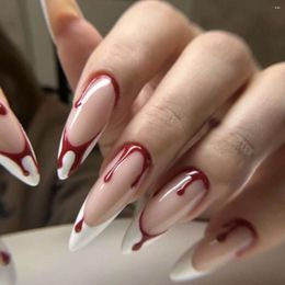 False Nails 3D Fake Accessories For Halloween Party Red Blood White Edge Design Long French Tips Faux Ongles Press On Nail Set