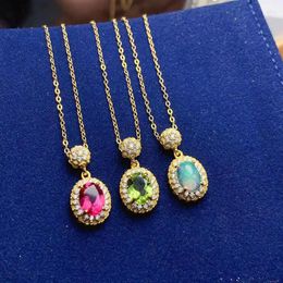 Chains Classic Sterling Silver Gemstone Pendant 6mm 8mm Natural Opal Peridot Topaz Necklace With 3 Layers 18K Gold Plating