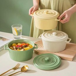 Bowls Ceramic Double Ear Bowl With Lid Instant Noodle Creative Home Vertical Pattern Can Enter Oven Nordic Luxury