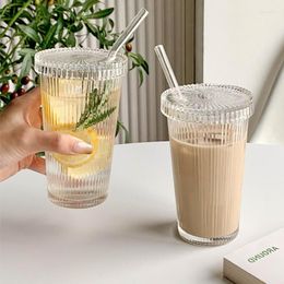 Wine Glasses 375ml Stripe Glass Cup With Lip Straw Japanese Style Mug Transparent Latte Coffee Bubble Tea Milk Mocha Cups Breakfast
