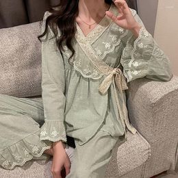 Women's Sleepwear Spring And Summer Pure Cotton Yarn Kimono Pyjamas V-Neck Printing Plus Size Flared Sleeves Loungewear Women 2 Piece