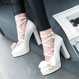 Dress Shoes 2023 Ladies Heels Platform Cross Strap Buckle Princess Bow Mary Jane Party Super High Heel Women Pumps Girls Sweet White